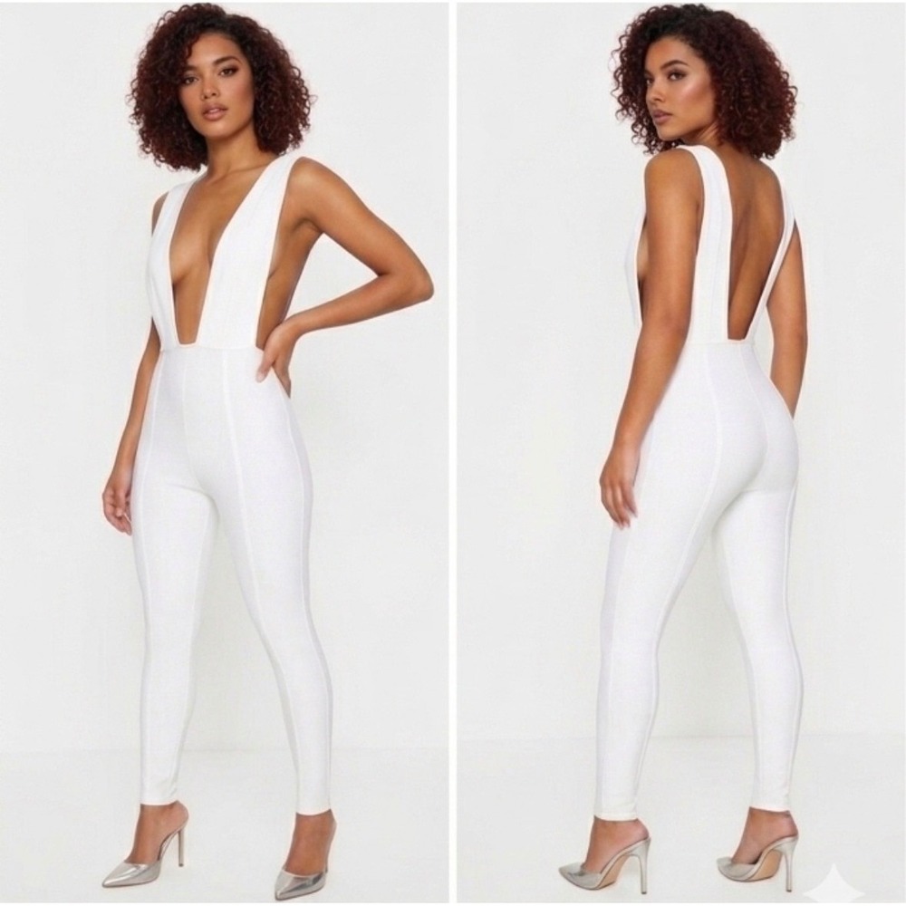 PrettyLittleThing White Bandage Plunge Jumpsuit US 6 UK10 Sexy Bodycon One Piece